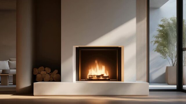 Modern fireplace set within a minimalist interior, smooth surfaces and controlled flames reflecting sophistication, relaxation, and intentional living. cinematic color correction, natural uneven