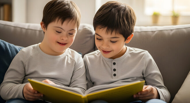 Two young boys reading a yellow book together sitting comfortabl