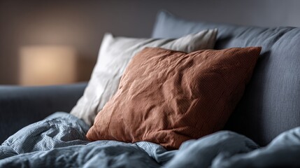 A pillow with a brown and white design is on a bed. The pillow is on a couch, and the couch is on a bed