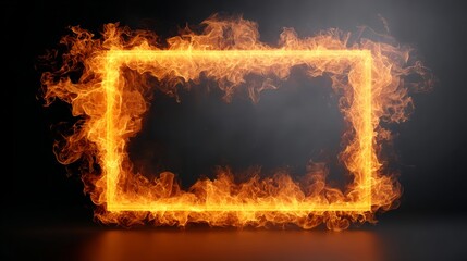 A large, fiery frame with a black background. The frame is made of fire and is surrounded by smoke. Concept of danger and destruction
