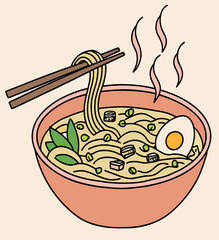 Hand-Drawn Ramen Bowl Illustration with Steam and Chopsticks