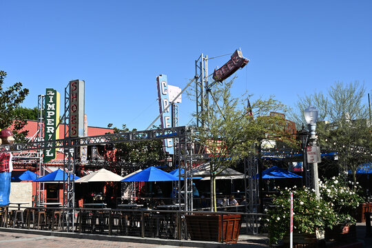 FULLERTON, CALIFORNIA - 16 JAN 2026: Restaurants in the SOCO (South of Commonwealth) District, an area of businesses, eateries and lounges in Downtown Fullerton.