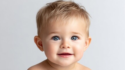 Fototapeta na wymiar A baby with blue eyes and a blonde head. The baby is smiling and looking at the camera