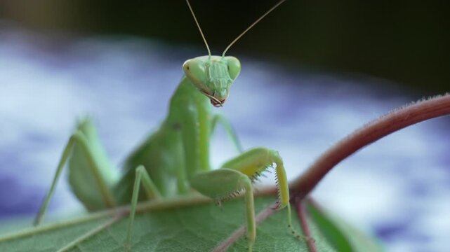A close-up of a green praying mantis resting on a leaf, showcasing its intricate details and posture, symbolizing nature's beauty and the wonder of insect life.