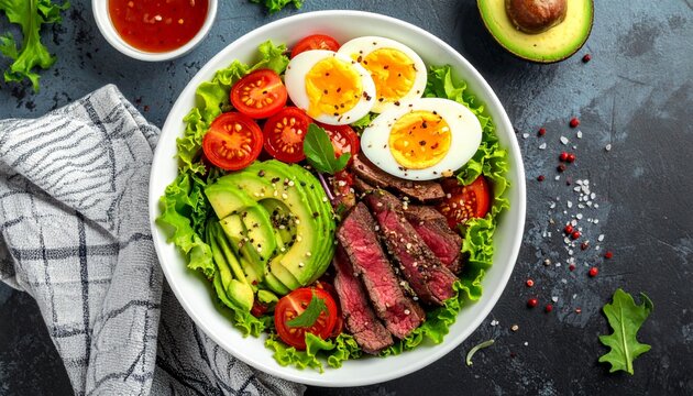 Top view of a nutritious meal featuring beef, avocado, and egg in a white bowl on a dark surface MZ (249).jpg