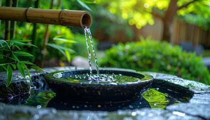 Peaceful bamboo water feature in a serene garden setting, offering a soothing flow and tranquil ambiance under soft sunlight