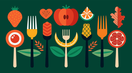 Gourmet Food Icons on Forks Vector Illustration Set