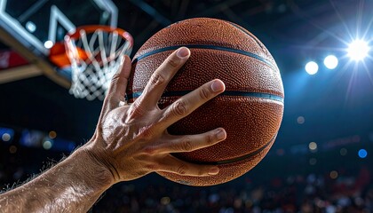Close-up of a person's hand holding a basketball against the backdrop of a brightly lit stadium and hoop