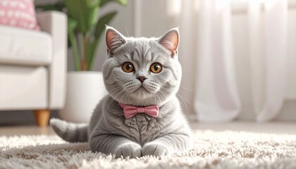 Adorable British Shorthair kitten with a stylish pink bow tie relaxing on a soft, cream-colored rug in a sunlit home living room