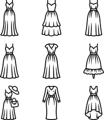Ladies Dress Icon Set Minimal Black Vector Fashion Symbols