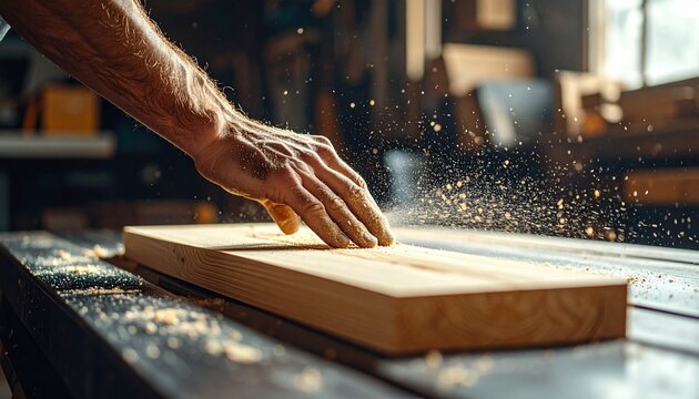 Skilled hands expertly shape raw timber on a workshop table, showering the air with golden sawdust particles in a focused moment of craftsmanship - Powered by Adobe