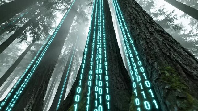Futuristic forest concept with glowing blue binary code streaming down tall tree trunks in a misty woodland environment, symbolizing the merger of nature and technology.