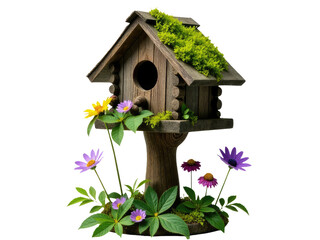 A small wooden birdhouse with a green roof and purple flowers