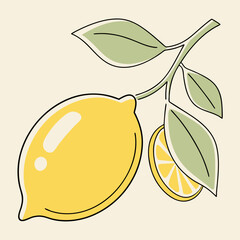 Fresh Yellow Lemon with Green Leaves Vector Illustration