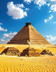 A stone pyramid rising from the golden sand, a stork and its mate have built their large nest on the top of the pyramid.