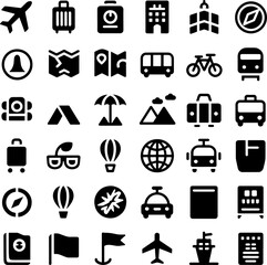 Travel and Tourism Vector Icon Set with Transportation and Adventure Symbols