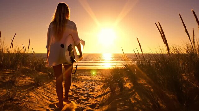 Silhouette of a young blonde woman carrying a surfboard while walking through coastal sand dunes towards the ocean at a beautiful golden sunset.