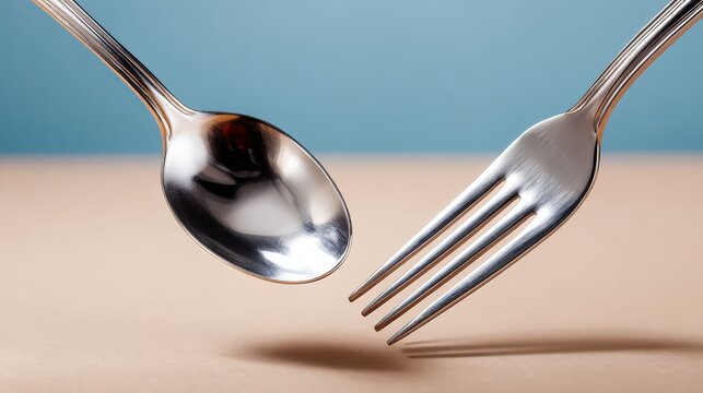 Two silverware utensils, a fork and a spoon, are placed on a table. The fork is bent over the spoon, creating a playful and whimsical scene. Concept of lightheartedness and fun
