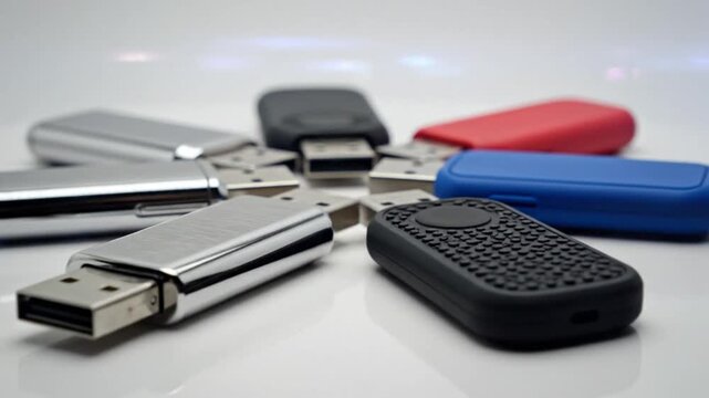 Creative Arrangement of Various USB Flash Drives in Distinct Colors Resting on a White Circular Surface
