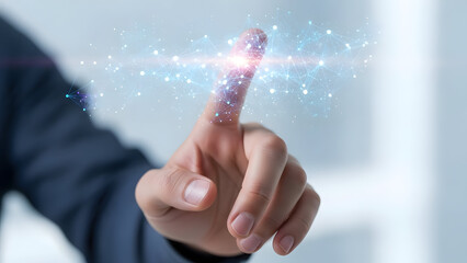 Index finger pressing a floating data visualization graph, clean futuristic dashboard, light blurred background,