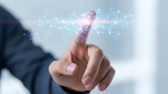 Index finger pressing a floating data visualization graph, clean futuristic dashboard, light blurred background, - Powered by Adobe