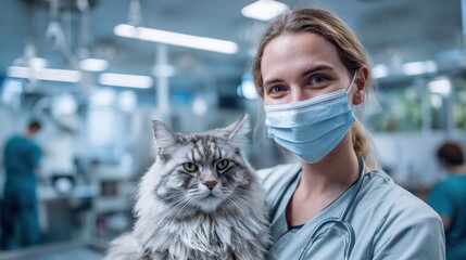 Animal doctor with feline at clinic