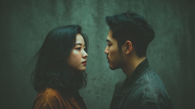 Asian couple gazing at one another Separation theme