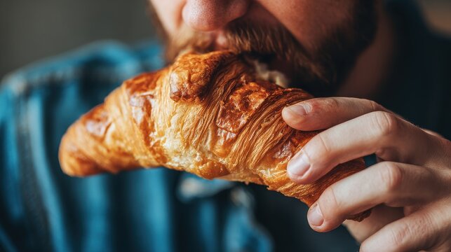 Anonymous individual enjoying a croissant Close up of a man with a croissant