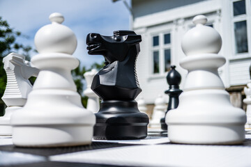 Black knight chess piece surrounded by white pawns.