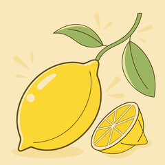 Fresh Yellow Lemon with Green Leaves Vector Illustration