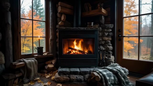Cozy Fireplace in Rustic Cabin Surrounded by Autumn Leaves and Warm Atmospheric Lighting. Seamless looping 4k video background 