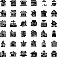 Building and Architecture Vector Icon Set Featuring Shops, Offices, and Apartments