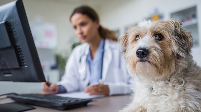 Vet tech A vet looks at a patient s files on a computer with a dog watching