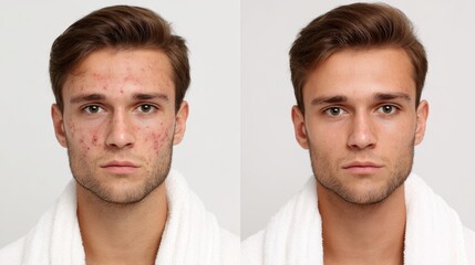 Fototapeta premium Young man pre and post acne treatment on plain background Skincare idea