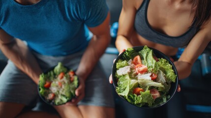 Overhead view of a man and woman enjoying a healthy salad post workout at a gym Two athletes sharing a nutritious meal Focus on the salad bowl in hand