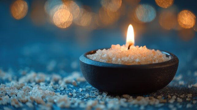 Close up of burning candle against a bokeh backdrop with sea salt Selective focus biblical theme