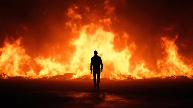 A solitary figure confronts a towering inferno, bathed in an intense orange glow creating a