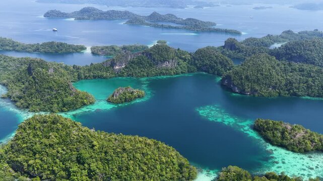 Shallow coral reefs fringe the beautiful islands of Pef, Raja Ampat, Indonesia. This region harbors spectacular marine biological diversity and is a popular destination for divers and snorkelers.