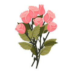 A bouquet of seven light pink roses and buds. Openwork illustration isolated on a white background.