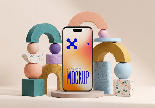 Template Mockup Smartphone Abstract Geometric Pastel Studio Scene Mobile App Presentation Identity