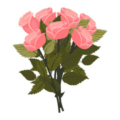 A bouquet of seven light pink roses. Openwork illustration isolated on a white background.