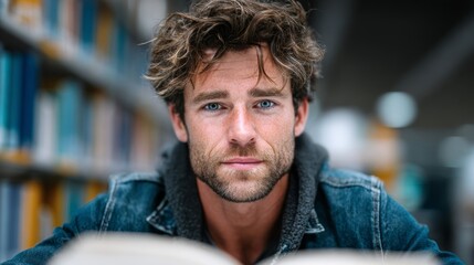 A man with a beard and blue jacket is sitting in a library with a book in front of him
