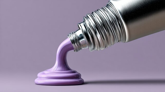 A tube of purple paint is being squeezed out of the top. The paint is flowing out of the tube in a long, thin stream