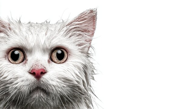 A broad sign featuring a humorous drenched white British cat against a plain white backdrop