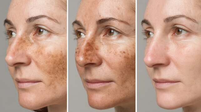 Three images show the effects of treatment on skin issues like freckles pores dullness and wrinkles before and after