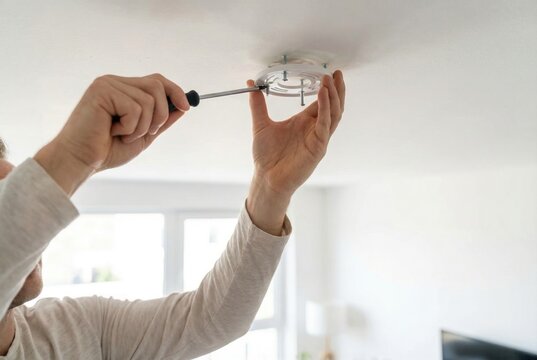 Person installs light fixture in home during daytime using a screwdriver to secure mounting bracket