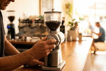 Barista adjusts coffee grinder while preparing fresh coffee in a cafe during morning hours