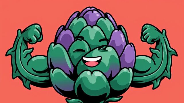 Cute Strong Artichoke Character Flexing Biceps Animation.