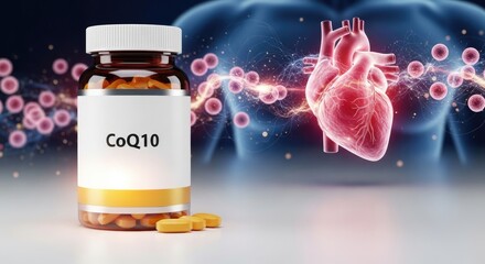 CoQ10 supplement bottle with pills and human heart model showing circulatory system and cells health and wellness concept for heart function and energy production support for vital organ.