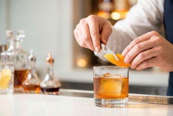 Bartender prepares cocktail with orange peel at bar counter during evening service in a busy downtown area
